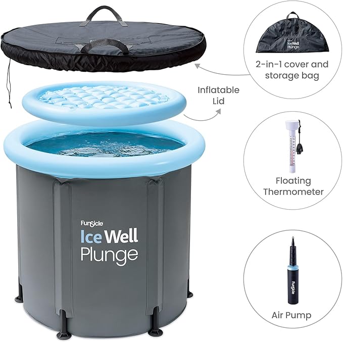 Funsicle Ice Well Cold Plunge Tub, Portable Recovery Ice Bath, for Athletes & Adults, 80 Gallon Triple Layer Outdoor Plunge Pool with Thermometer, Cover & Storage Bag