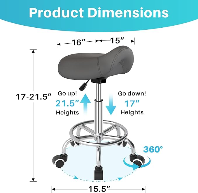 YEEZEE Saddle Stool Ergonomic- Comfortable Rolling Saddle Stool with Wide Thick Saddle Seat Padding, Swivel Adjustable Saddle Chair with Wheels and Ring Pedal for Medical Massage Salon (Grey)