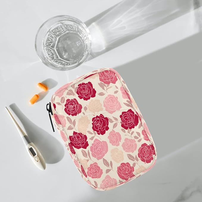 Pink Roses Flowers Pill Case Everyday Travel, 7 Day Weekly Medicine Pill Box Compact Portable Pills Bottle Organizer with Zipper for Daily Vitamin Medicine Holder Bottle Organizers Bag