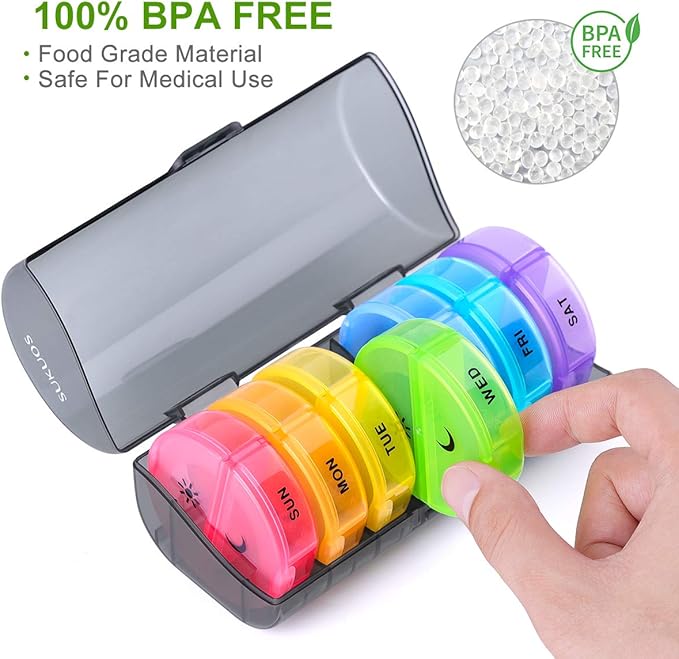 2 Pack Weekly Pill Organizer 7 Day 2 Times a Day, Sukuos Large Daily Pill Cases for Pills/Vitamin/Fish Oil/Supplements, BPA Free Pill Box, Easy to Clean