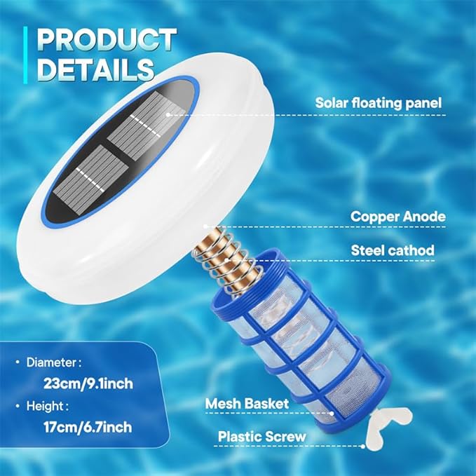 Pool Ionizer for Above Ground Pool, Upgraded Solar Ionizer Pool Auto Switching 7-Colored LED Night Light, More Lasting Copper Pool Ionizer Floater Up to 45,000 Gal