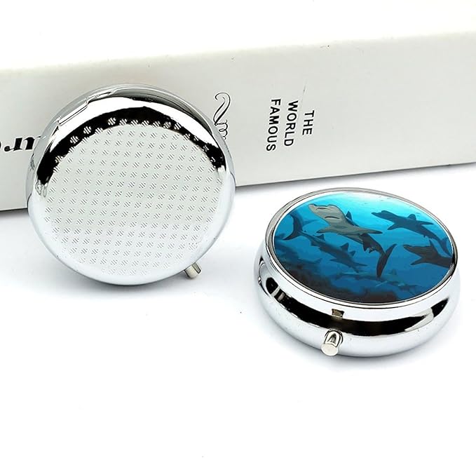 Hammerhead Sharks Pill Box Cute Round Pill Box 3 Compartment Decorative Pocket Purse Portable Mini Travel Medicine Tablet Vitamin Fish Oil Holder Organizer Pill Case