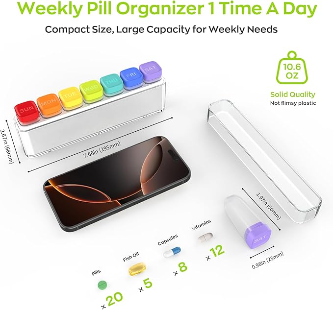 Weekly Pill Organizer 1 Time a Day, HIONXMGA Portable Detachable Travel Pill Box 7 Day, Large Once Daily Pill Holder Case, Color-Coded Dispenser for Vitamin Medicine Supplement Fish Oil, White