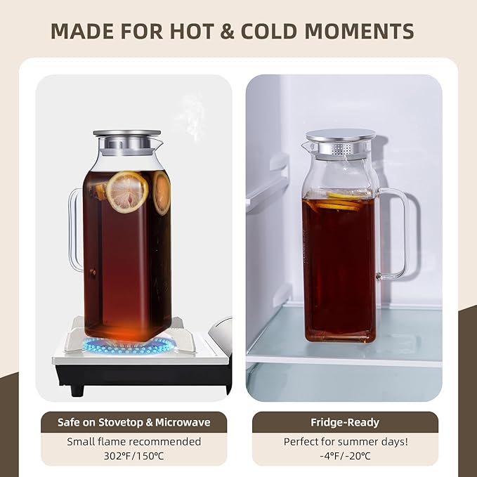 2 Pack Square Glass Water Pitcher with Lid and Spout, 2L/68oz Heat Resistant Borosilicate Glass Carafe, Temperature Safe