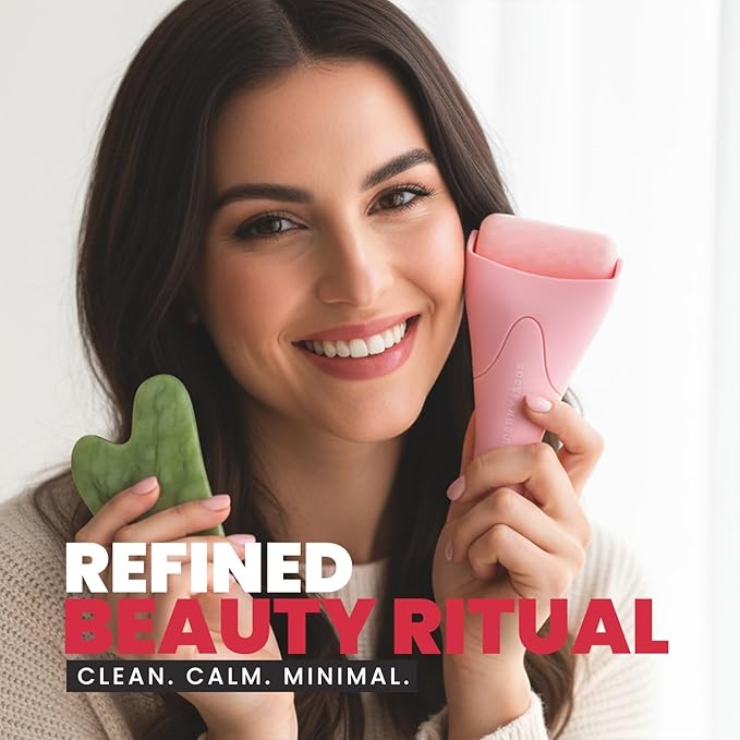 ROSELYNBOUTIQUE Ice Roller for Face & Gua Sha Facial Tools - Wrinkles Fine Lines Puffiness Massager Facial Skin Care Guasha Tools Self Care Gifts for Men Women (Pink)