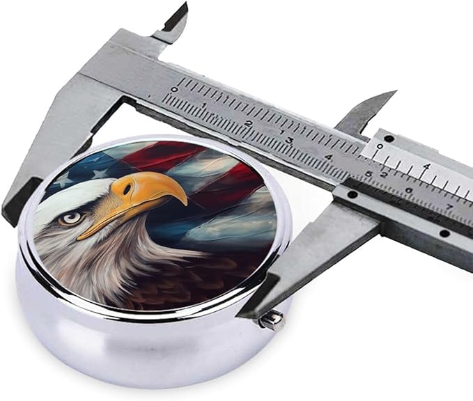 Vintage American Flag and Eagle Painting Print Round Metal Pill Box with 3 Compartment for Pocket or Purse Travel Bag Mini Small Size 2 inche