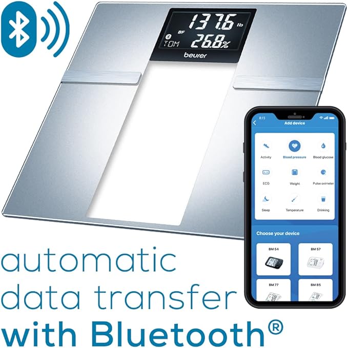 Beurer BF720 Smart Scale for Body Weight, Body Fat, Body Water & More – 400 lb Capacity, Bluetooth App, Calorie Data, User Recognition, XL LCD Display, Glass Digital Bathroom Scale – Grey