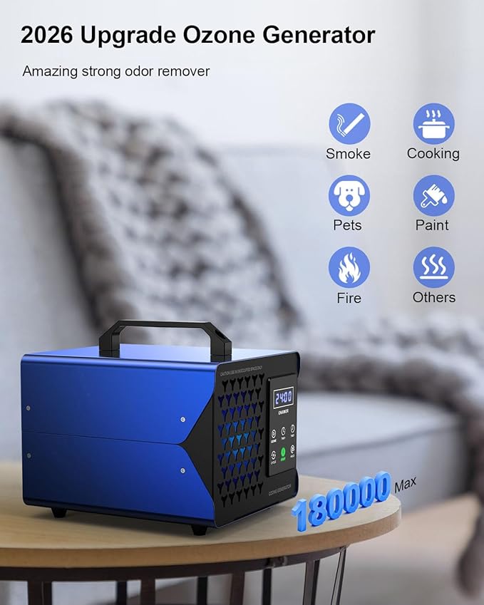 ONAMOR Digital Ozone Generator Odor Eliminator 180,000mg, High Capacity Ozone Machine Odor Removal Up to 8,000 Sq.Ft, Ionizer Deodorizer Ozonator for Home, Car, Smoke, Pet Room