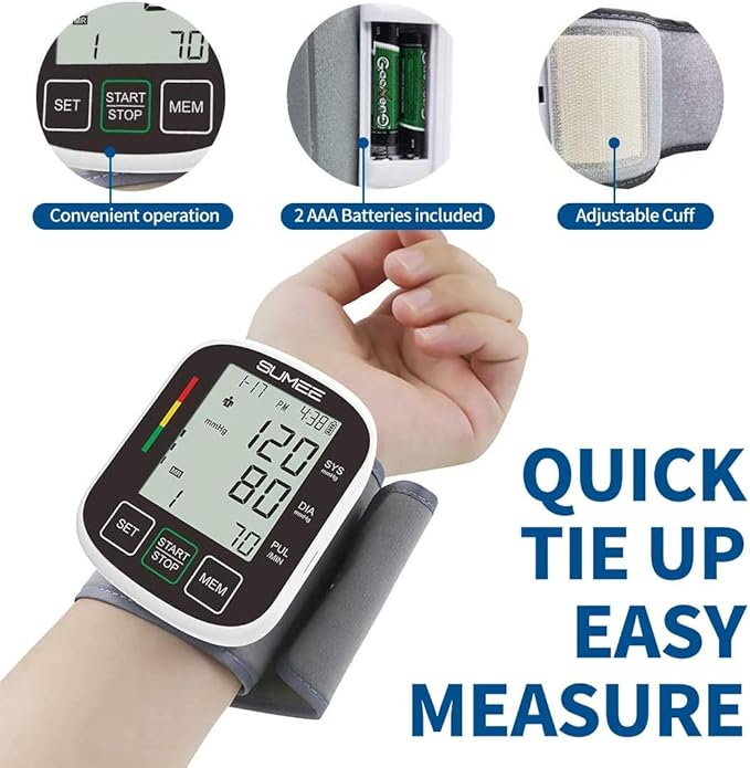 Wrist Blood Pressure Monitor Automatic BP Machine with Large Backlit Display Heart Rate Monitors 2x99 Readings 5.3-7.7in Adjustable Cuff for Home Use,Include Carrying Case and 2AAA Batteries-Black