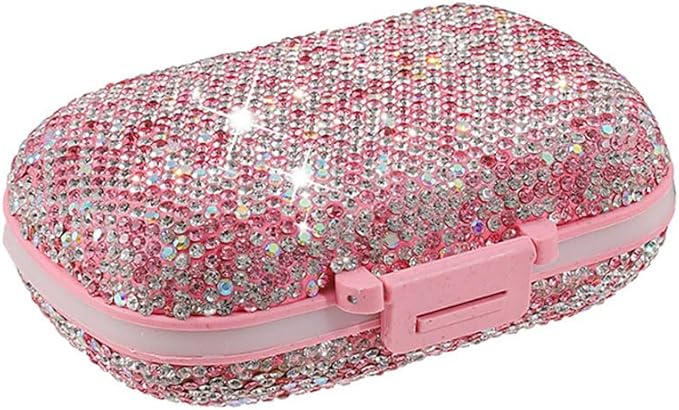 Daily 6 Compartments Pill Box Container Bling Diamond for Purse Medicine Container Holder for Women Travel Kit Medicine (AB Pink)