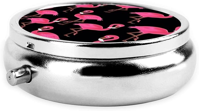 Lovely Pink Flamingos Printed Round Travel Pill Box Cute Small Metal Pocket Pill Case for Men & Women 3 Compartment Portable Pill Organizer for Purse or Pocket