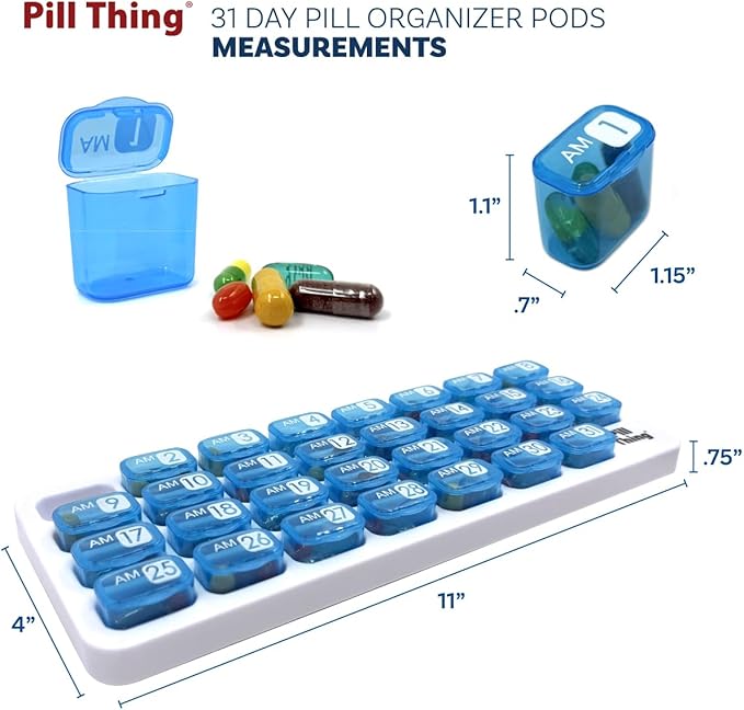 AM/PM Monthly Pill Organizer Tray with 31 Morning and Evening Daily Removable Pill Box Pods (Blue - AM/PM)