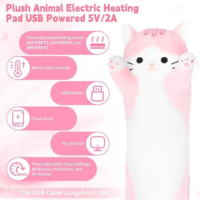 Sakura Cat Heating Pad-USB Heated Plush Stuffed Animals for Period Cramps and Menstrual Pain Relief,22” Portable Electric Kitten Heating Pads,Built-Pocket Plush Girls Birthday Gifts,Pink