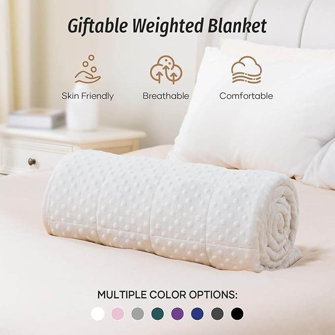 Wemore Minky Dot Weighted Blanket for Adults Queen Size 15 lbs, Soft Heavy Blanket for Stress Relief and Sleep Promotion, Breathable Blanket for All-Season with Glass Beads, White 60 x 80 inches