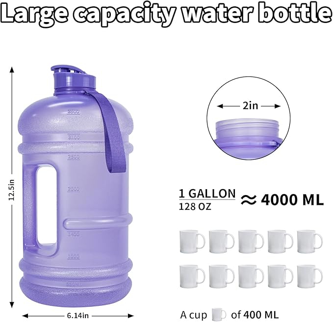 TOOFEEL 1 Gallon Water Bottle - 128 oz Water Bottle with Flip Lid - Gallon Water Bottle with Handle,BPA Free gallon Water jug with Measurements Marked - Transparent Violet