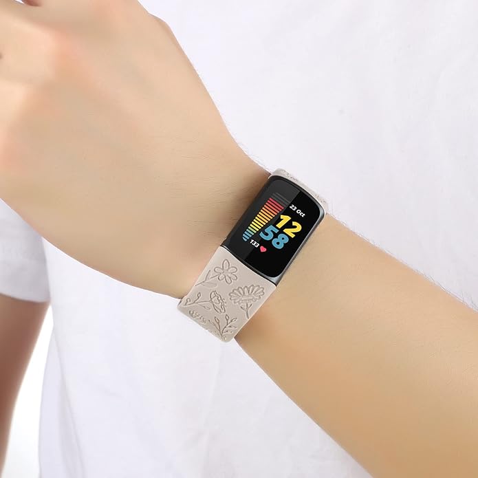 Flower Engraved Bands Compatible with Fitbit Charge 5 Band/Charge 6 Bands Women Cute Floral Engraving Soft Silicone Sport Strap Replacement Wristband for Fitbit Charge 5/6 Tracker Accessories