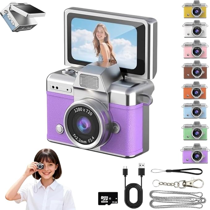 Mini Keychain Digital Camera Retro Mini Digital Video Camera Small bodycam 1080P FHD Recording with 0.96" IPS Screen with 6 Retro Filters AVI Format-Ideal for Phone Transfer (Purple, 32G)