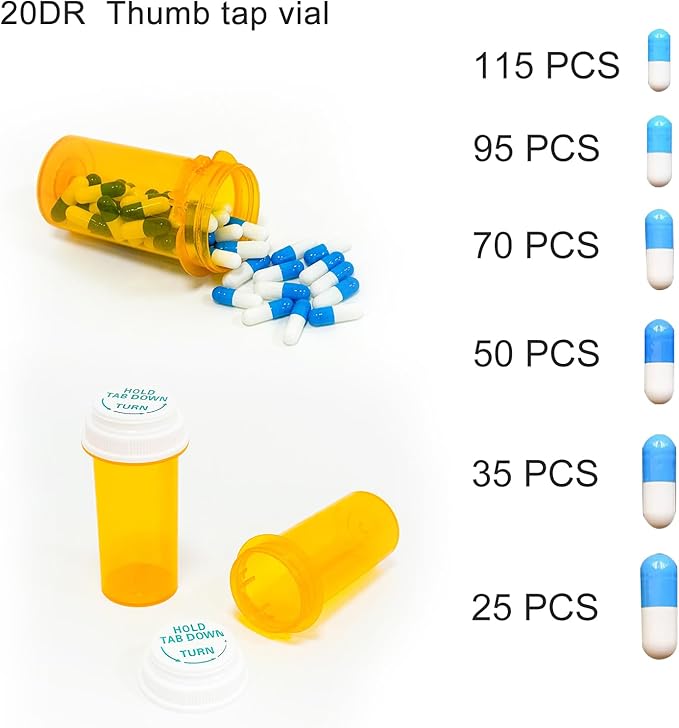 Prescription Reversible Thumb Tab Vials,Pill Bottles with Child Resistant Cap,Empty Medicine Bottles with Caps,Medicine Container for Personal Medication & Pharmacy.(20dram,12pcs)