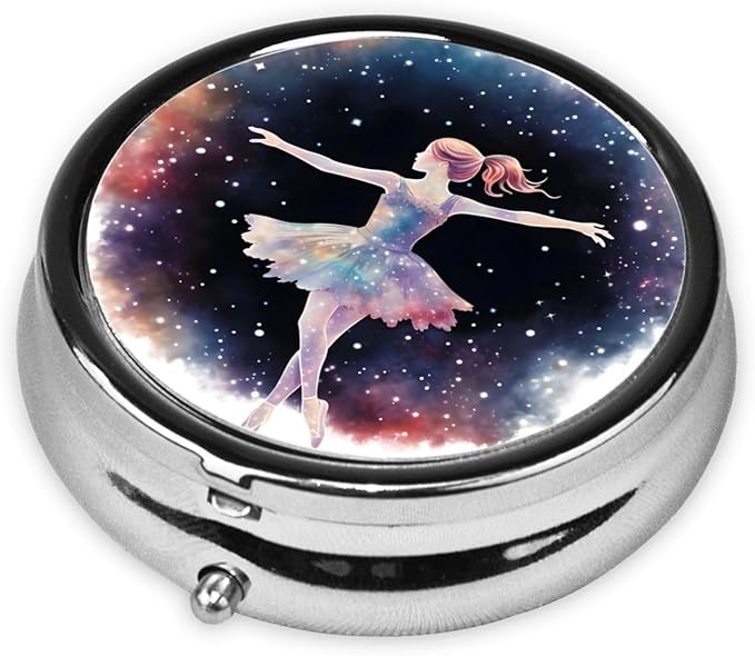 Watercolor Ballet Dancer Space Pill Box 3 Compartment Pill Case, Portable Medicine Pill Organizer for Pocket Purse Pill Box Decorative Metal Medicine Vitamin Organizer
