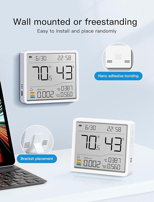 7-in-1 Air Quality Monitor Indoor, Air Analysis Apparatus, 5s Backlight Air Quality Meter for TVOC, HCHO, Temp, Hum, Temperature Humidity Monitor for Home, Office, Hotel