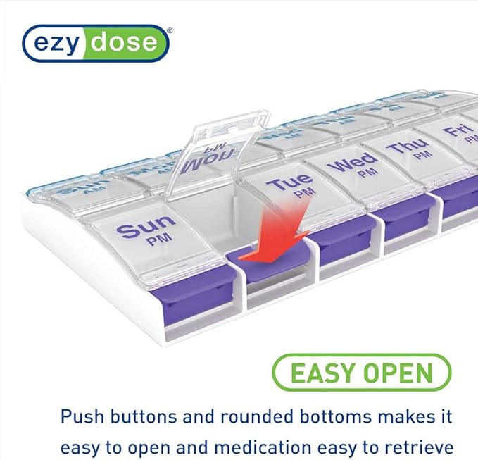 EZY DOSE Push Button AM/PM Weekly (7-Day) Pill Organizer, Weekly 2 Times a Day Medicine Case, Large Compartments for Vitamins Supplements, Arthritis Friendly, Clear Lids (2 Pack)