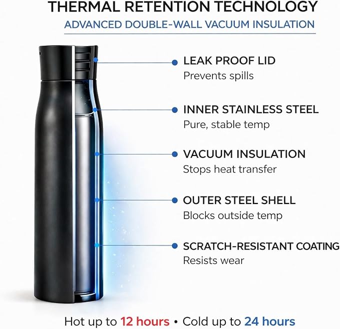 AquaSync Smart Self-Cleaning Water Bottle 17oz Vacuum Insulated Stainless Steel with UV-C Light Technology LED Temperature Display & USB-C Rechargeable Battery