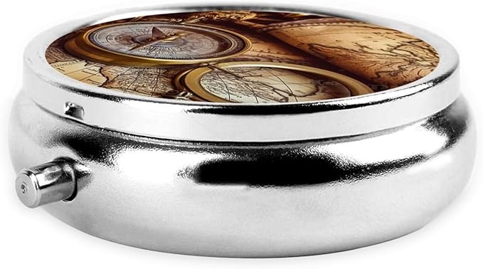 Compass and Old World Map Pill Box 3 Compartment Small Pill Case for Purse & Pocket Decorative Metal Medicine Case Travel Pillbox Round Pill Organizer Vitamin Container Unique Gift