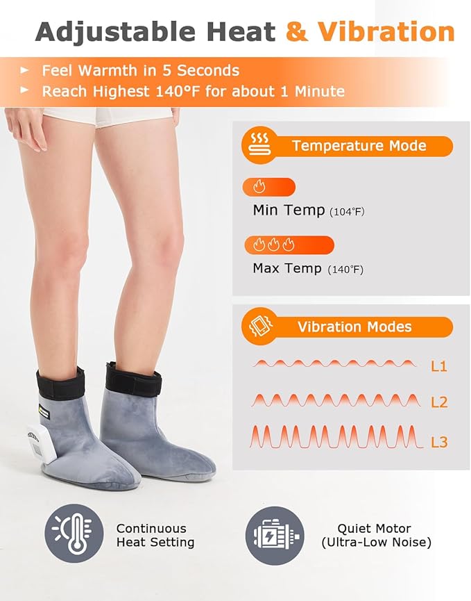 Cordless Foot Warmer with Heat and Massage - 2PCS Rechargeable Heating Pad for Feet, 3 Temp & Vibration Levels, 60 Min Timer for Plantar Fasciitis, Ankle Pain, Cold Feet at Home, Office, Sleeping