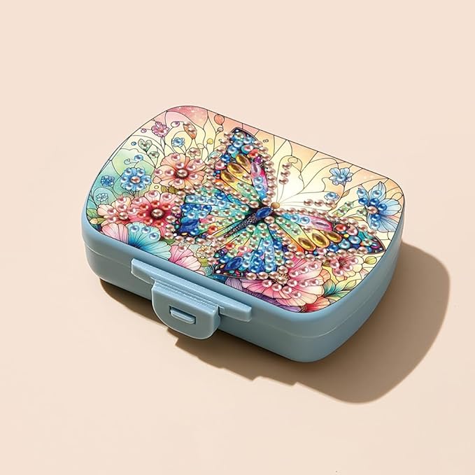 C'eitura DIY Flower Butterfly Diamond Art Painting Blue Pill Organizer with 6 Lid Detachable Compartments, Fun DIY Craft Project for Adults, Elegant Pill Case for Purse & Travel