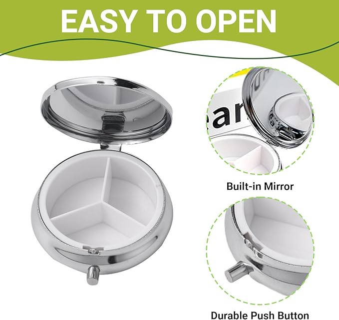 Custom Pill Box Organizer Travel With Photo,Logo,Text Personalized Metal Medicine Pill Case Waterproof Tablet Vitamin Holder Organizer for Purse Pocket Travel Gifts with Mirror&Key Rings 3 Compartment