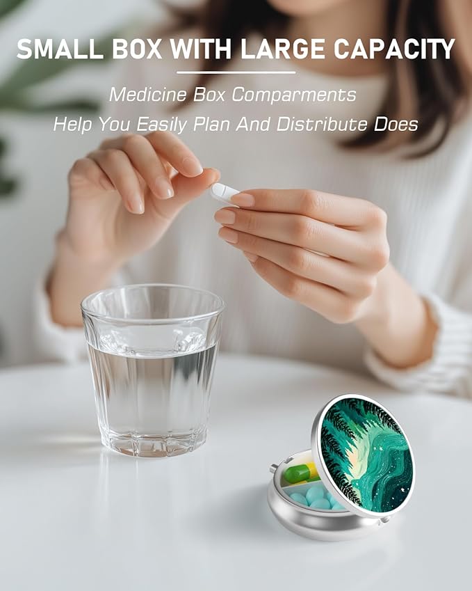 Pill Box, 3 Compartment Portable Travel Medicine Box with Mirror, Compact and Cute, Fits in Purse and Pocket, Medicine and Vitamin Organizer (Forests)