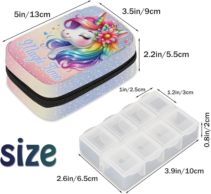 Animal Flower Rainbow Unicorn Travel Pill Organizer Box Weekly Portable Pill Case Daily Pills 7 Day Small Birth Control Pills Container Removable Compartments for Medicine Vitamins Fish Oil