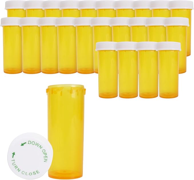 Plastic Amber Medicine Pill Bottles, 8 Dram, (25 Pack), Push Down and Turn Child Resistant Caps, Amber Prescription Vial, Medicine Container, Pill Cases Dispenser Organizers