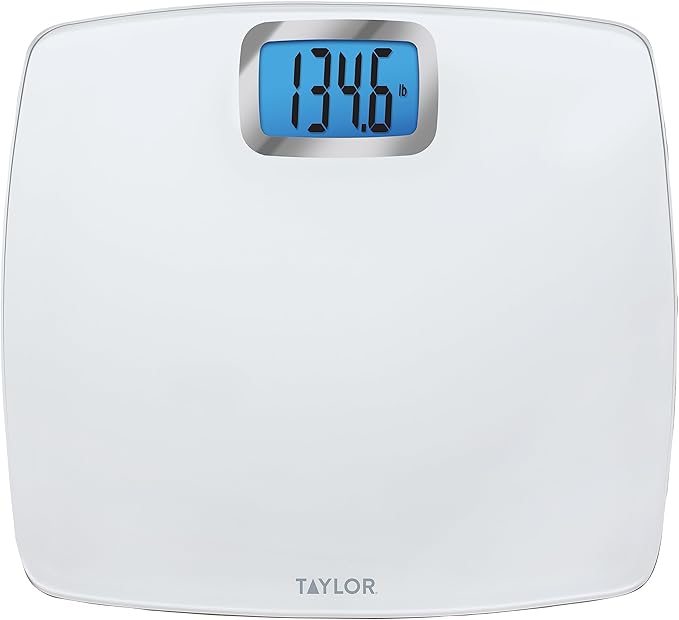 Taylor Digital Scales for Body Weight, Extra high 440 LB Capacity, Unique Blue LCD, Bright White Finish Extra LargePlatform, 12.2 x 13.5 Inches, White