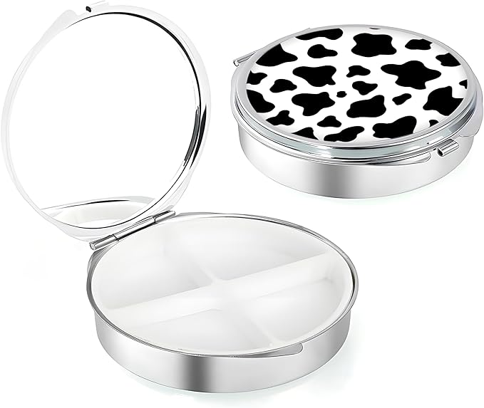 Weekly Pill Case, Medicine Planner, Vitamin Organizer Box, Portable Daily Pill Box with Compartments,Pocket Purse Metal Medicine Organizer Unique Gifts,Cow Pattern