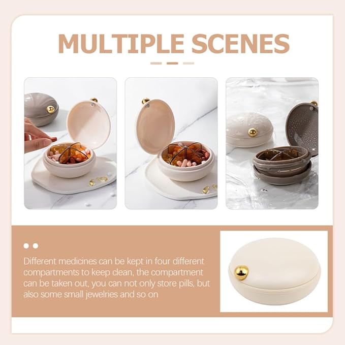 Garneck Travel Pill Organizer 4 Compartment Daily Pill Case Small Portable Container Box Round Containers Beige for Outdoor Daily Travel