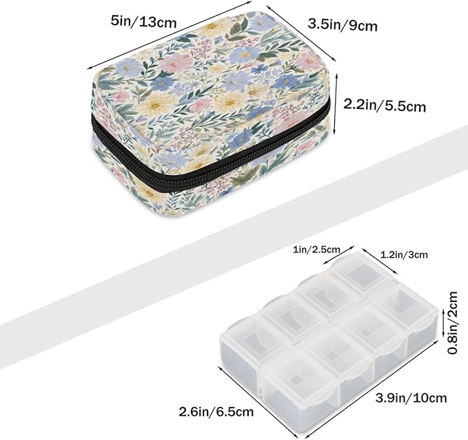 Spring Flowers Art Pill Case Travel Pill Organizer Weekly 7 Day Portable with Zipper Medicine Box Pill Case for Vitamins, Birth Control,Fish Oils,Medication, Supplements