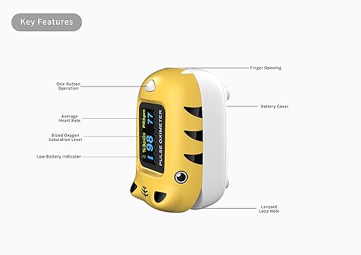 Child Pulse Oximeter Blood Oxygen Saturation Monitor, Neck/wrist Cord, Batteries included, Yellow