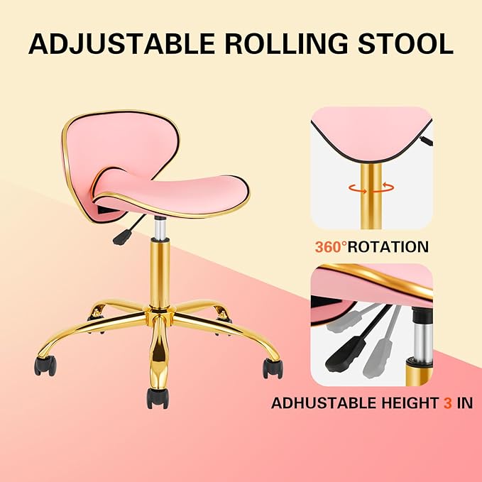 Rolling Stool with Back Support, Set of 2 Salon Stool with Wheels for Spa, Nail Tech and Hair Stylist, Height Adjustable Chair for Massage Beauty Makeup-Pink
