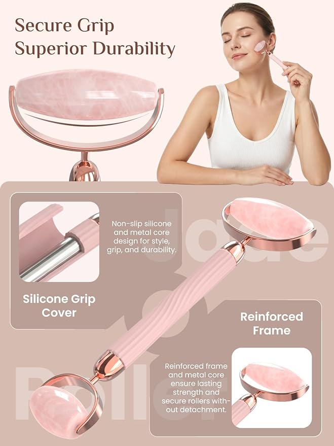Rena Chris Gua Sha and Face Roller Set: Anti-Breakage Jade Roller for Long-Lasting Use, Jawline Sculpting and Puffiness Reducing, Gua Sha Facial Tools for Self Care Gift (Rose)