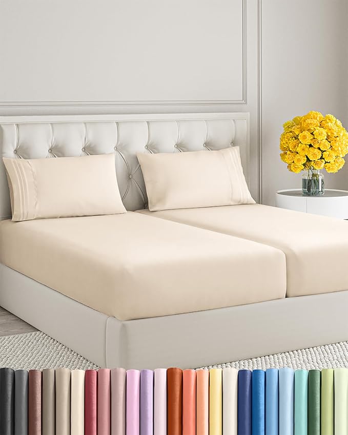 Split King Size 5 Piece Sheet Set - Extra Soft, Breathable & Cooling Sheets - Hotel Luxury Bed Sheets for Women & Men - Deep Pockets, Easy-Fit & Wrinkle-Free Sheets - Cream Pink Oeko-Tex Bed Sheets