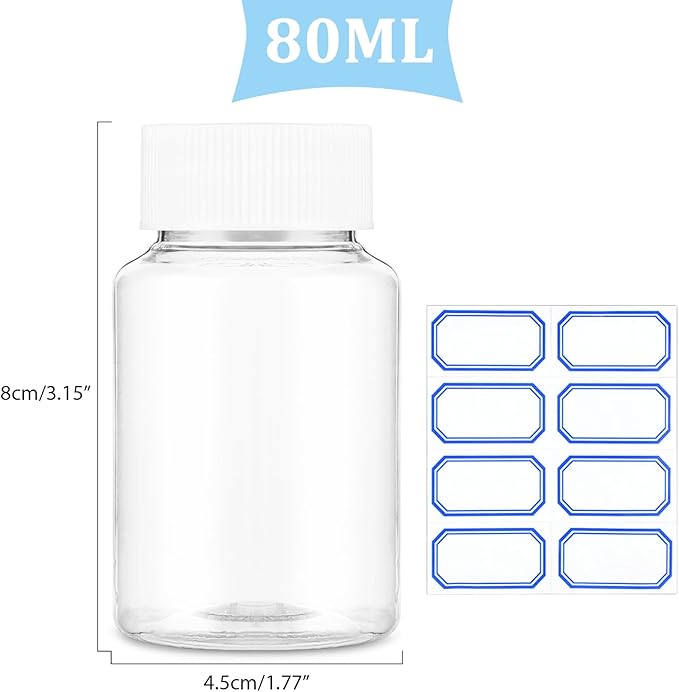 Sibba Clear Pill Bottle 6 Pcs Empty Medicine Organizers 80ML Plastic Dispenser Jar Powder Storage Transparent Reagent Containers Leak Proof Caps Receptacle Large Bottles Fit Home Counter Toiletries