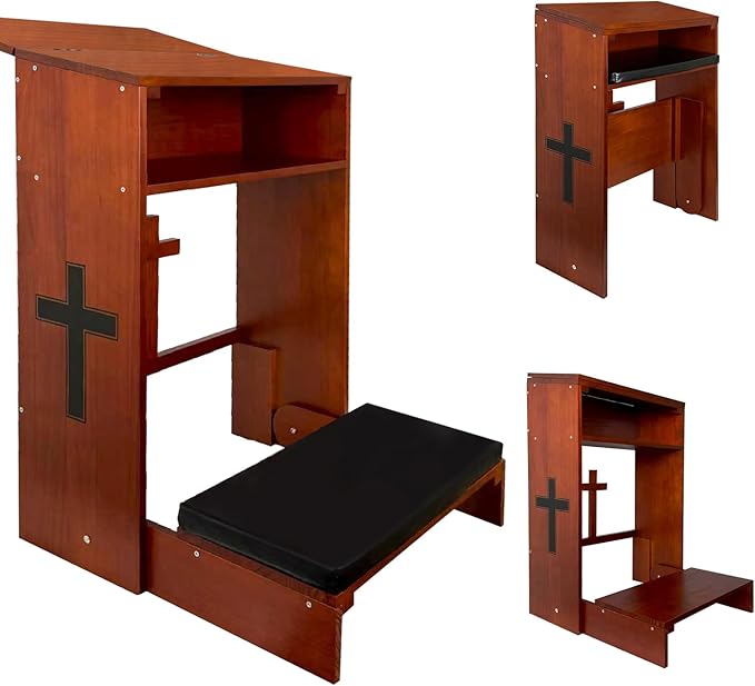 Wooden Prayer Kneeler with Storage Shelf & Cushion - Folding Prayer Bench for Home and Church, Comfortable Kneeling Devotional Pew Bench, 32" H x 22" W