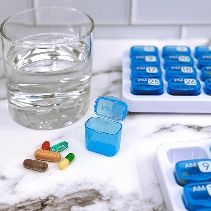 AM/PM Monthly Pill Organizer Tray with 31 Morning and Evening Daily Removable Pill Box Pods (Blue - AM/PM)