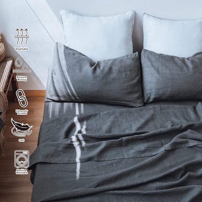 Simple&Opulence Washed Linen Bed Sheet Set Basic Style 4 Pieces (1 Flat Sheet & 1 Fitted Sheet & 2 Pillowcases) 100% Natural French Flax Soft Breathable Farmhouse Bedding (King, Dark Grey)