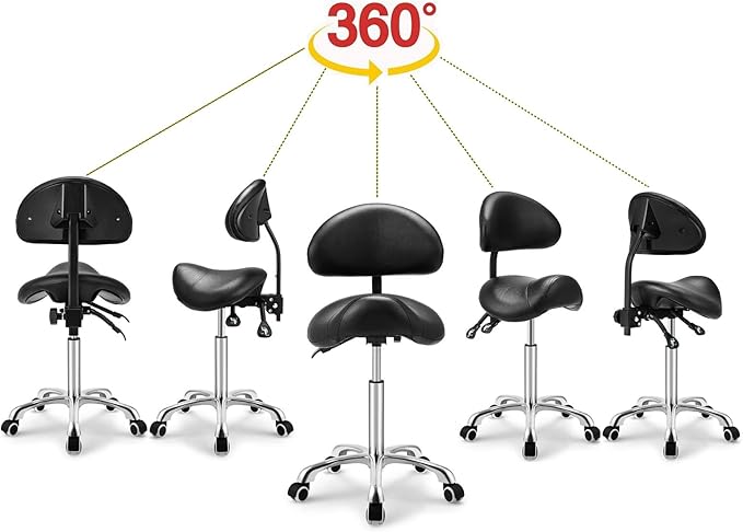 Kaleurrier Saddle Stool Rolling Swivel Height Adjustable with Wheels,Heavy Duty Anti-Fatigue Ergonomic Saddle Chair for Hair Beauty Salon Lab Dental Massage Office Home Kitchen(with Back, Black)