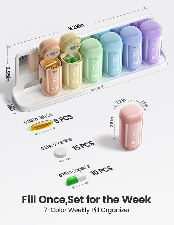 Weekly Magnetic Pill Organizer, Moisture-Proof Pill Case with Desiccant & Silicone Seal, 7-Day Removable Travel Medicine Container for Vitamins, Supplements (Rainbow)