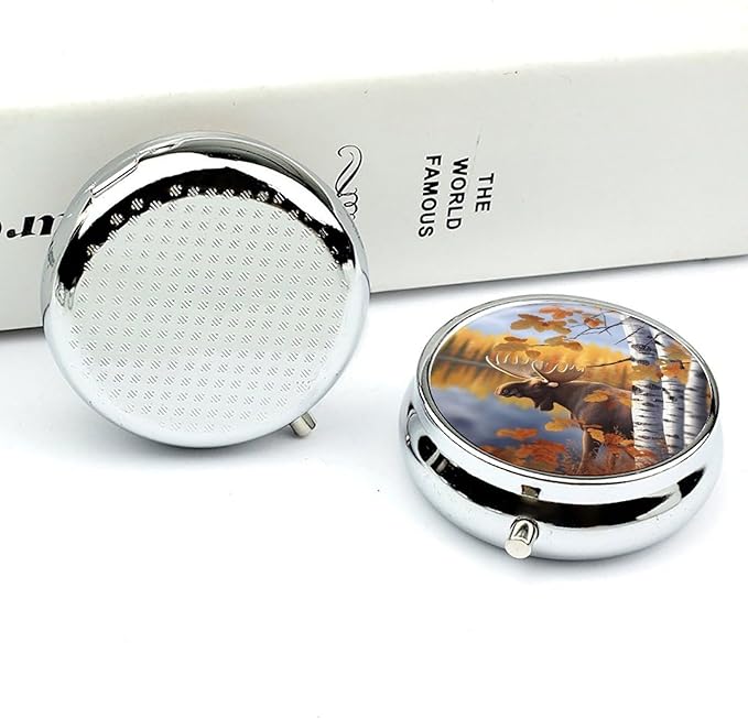 Fall Birch Leaves Elk Pill Box 3 Compartment Small Pill Case Portable Pill Box for Pocket Or Purse Round Metal Pill Box Cute Medicine Organizer Holder to Hold Vitamins Medication