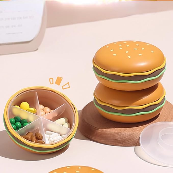 Hamburger Shaped Pill Case, Portable 6 Compartment Mini Pill Organizer with Sealable Lids for Medicine Vitamin Storage (Hamburger Pill Box [6-Grid])