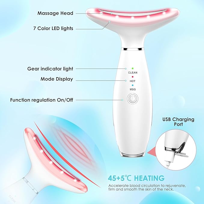 Face Massager -7 Color Red-Light-Therapy for Face and Neck for Wrinkles, Double Chin, Vibrating Facial Massager with Thermals (White)